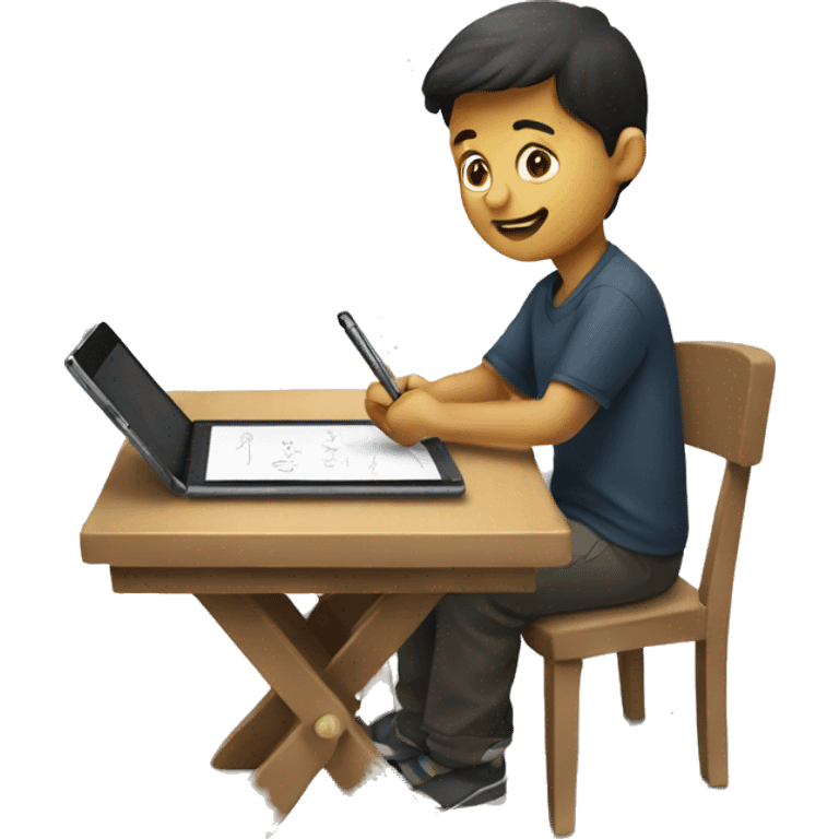 A boy writing on a tablet with a stylus emoji