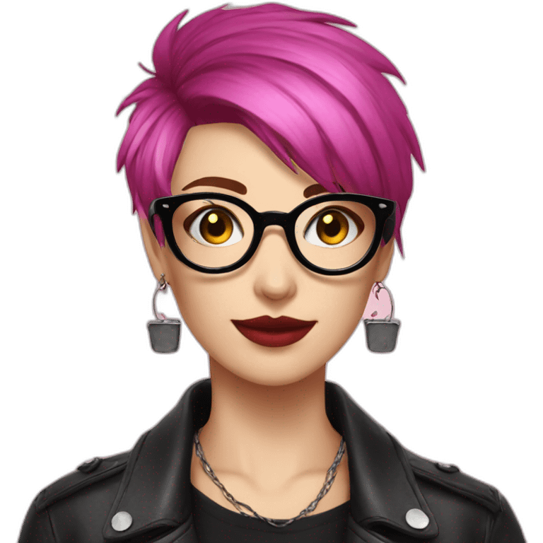 Punk female earrings , glasses,read and black short hair, emoji