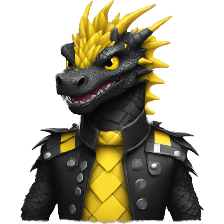 Black dragon dressed in punk clothes with chequer black and white markings and yellow caution tape  emoji