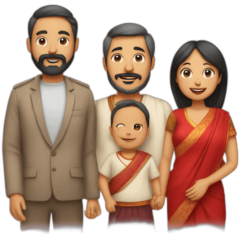 A family with Indian dad with beard and Chinese wife in red and 1 small baby emoji