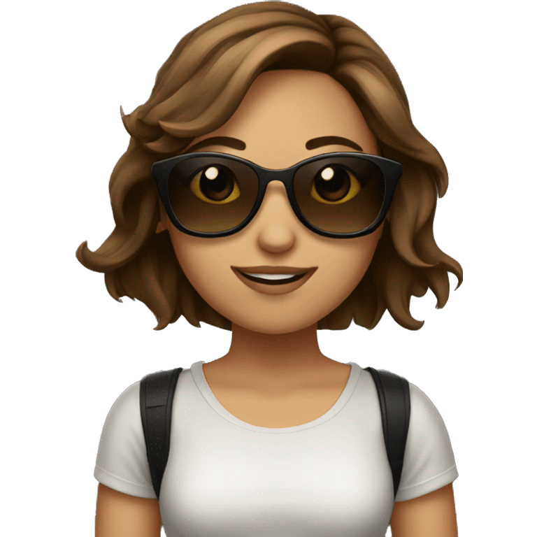 a girl with brown hair with sunglasses on top and black emoji