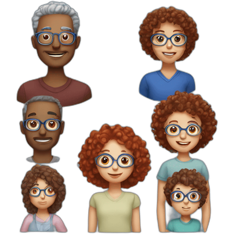 family of four father with gray hair mother with red curly hair and blue glasses son with brown hair and little daughter with curly brown hair emoji