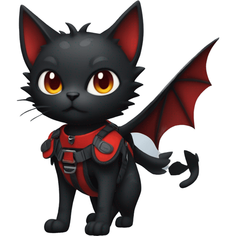 Cool Edgy Evil Litten-Nargacuga-Cat with black bat-wing-ears with a red harness full body emoji