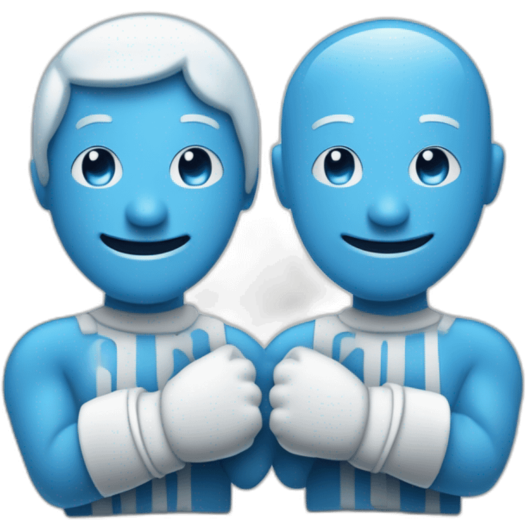 Deux personnages sous forme de gants blancs souriants, il y a dessiné en bleu un signe mystérieux maçonnique bleu de deux équerres inversées.  emoji