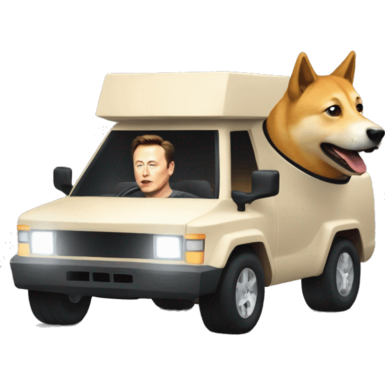 Elon musk driving in the cyber truck with the doge emoji