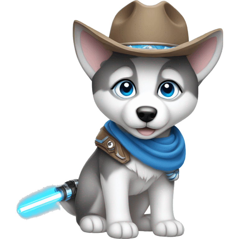 Gray Siberian Husky with blue eyes puppy wearing a cowboy hat dressed in Jedi clothing Holding a Lightsaber with the Paw emoji