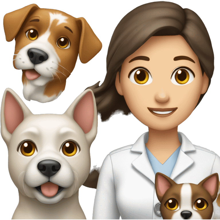 Brunette female vet with a cat and a dog emoji