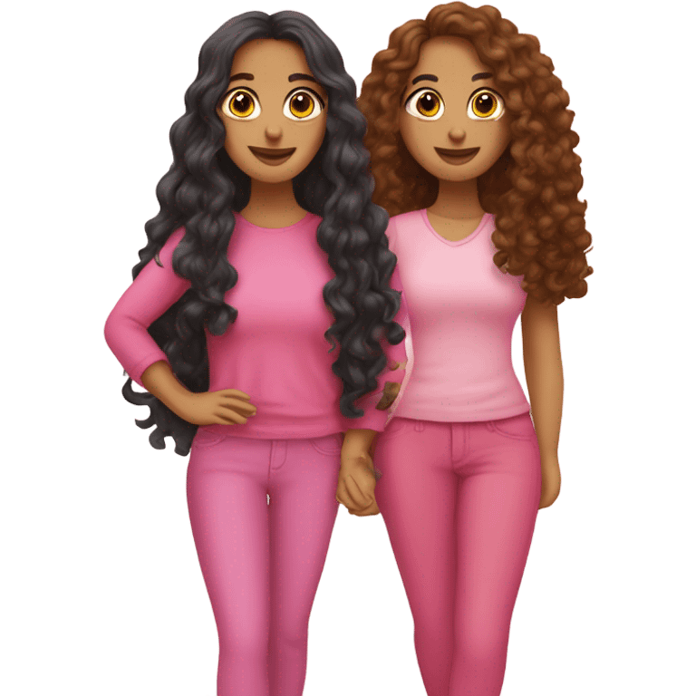 two Latina best friends wearing pink. Long hair. One curly hair and one straight her  emoji