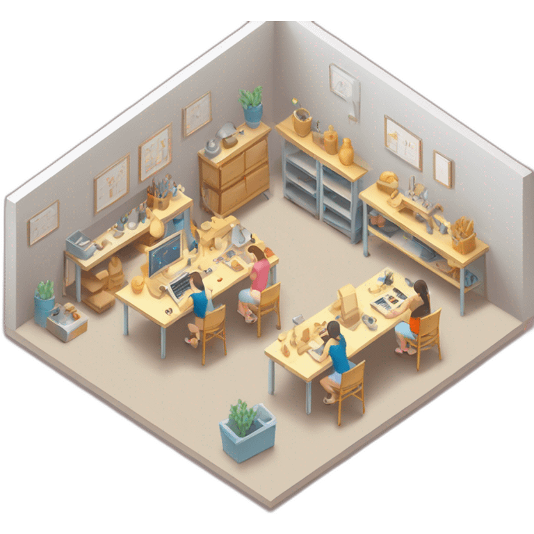 isometric square transparent solid outline border containing indoor creative workshop handmade factory people actively working simple clean emoji