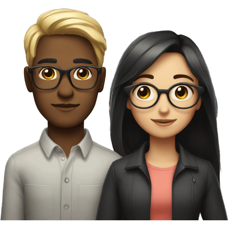 a girl with long hair and a guy with short hair and dark hair in rectangular glasses stand next to each other emoji