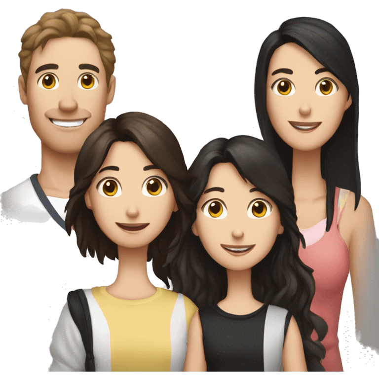 family group consisting of one brunette long hair woman, one brunette short hair man and one black-white border collie emoji