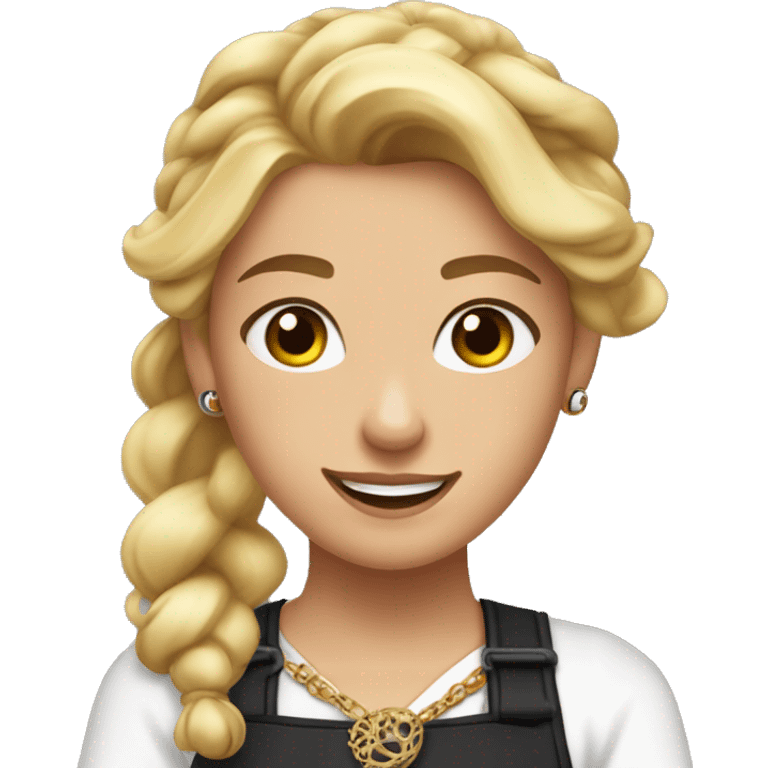 Waitress with white shirt and black apron, curly blonde hair in a pony tail, hazel eyes, lots of bohemian jewelry and bracelets  emoji