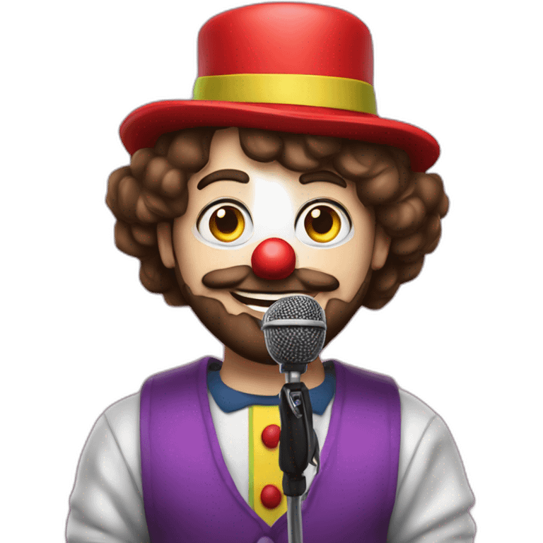 young brunette radio presenter with beard and with a microphone in his hand dressed as a clown emoji