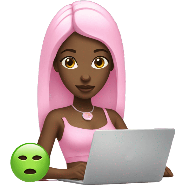 Black girl using a pink MacBook spa emoji