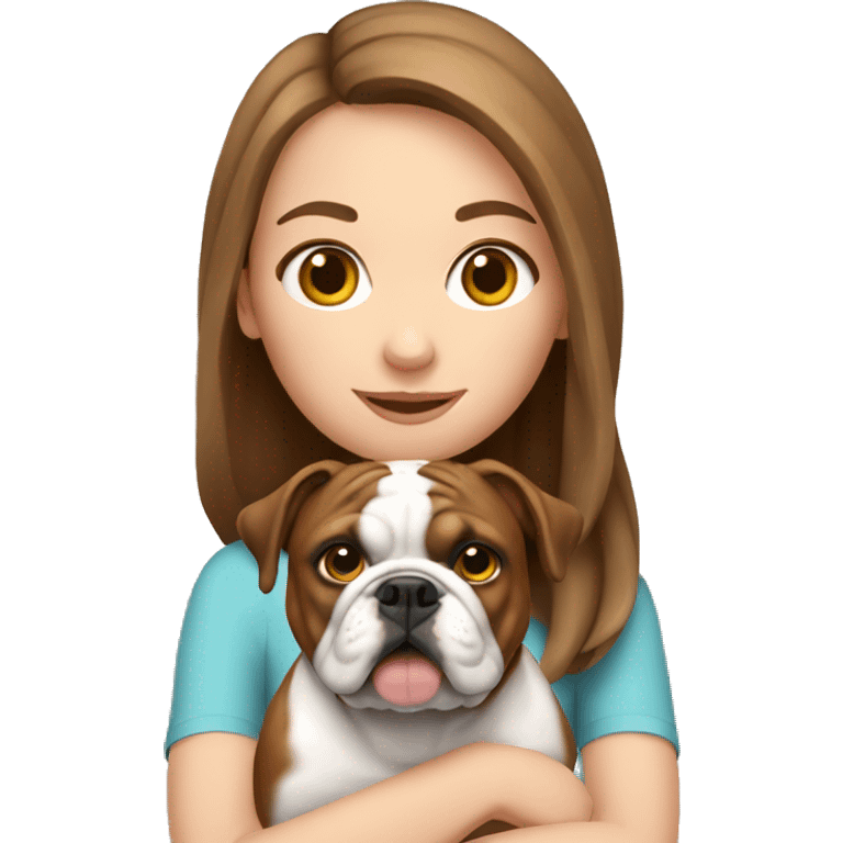 White girl with brown hair holding English bulldog emoji