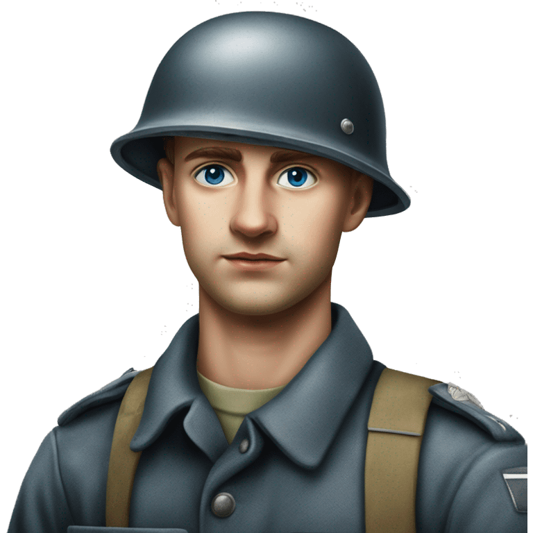 blue eyed  guy 28 years old german soldier in helmet 1940 photorealistic serious emoji