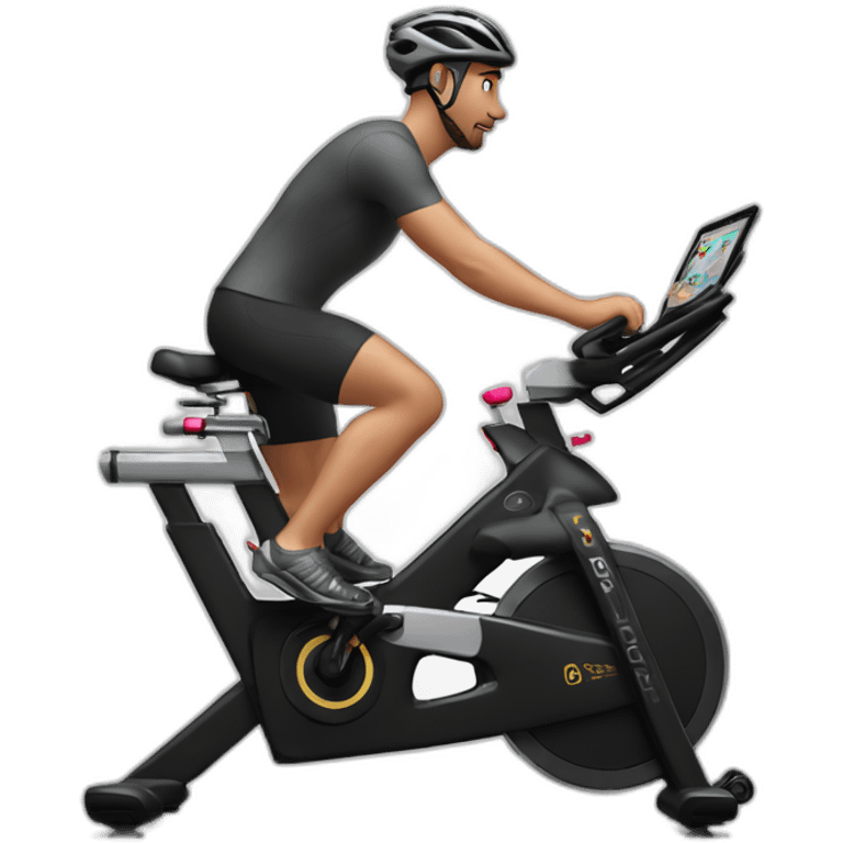 Man peddling Peloton stationary bike with screen emoji