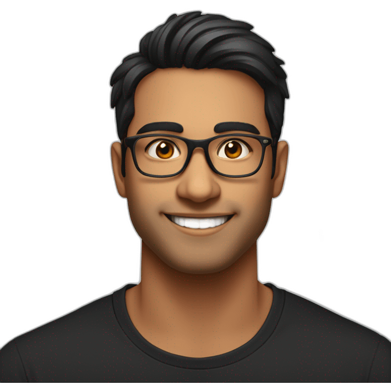 25 year old indian silicon valley creator economy startup founder smiling wearing glasses in a black tshirt with broad shoulders profile photo emoji