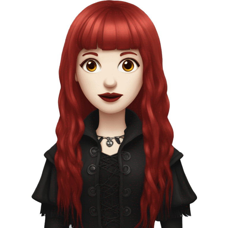 pale skinned girl with long ruby red hair with fringe bangs and is in gothic outfit emoji