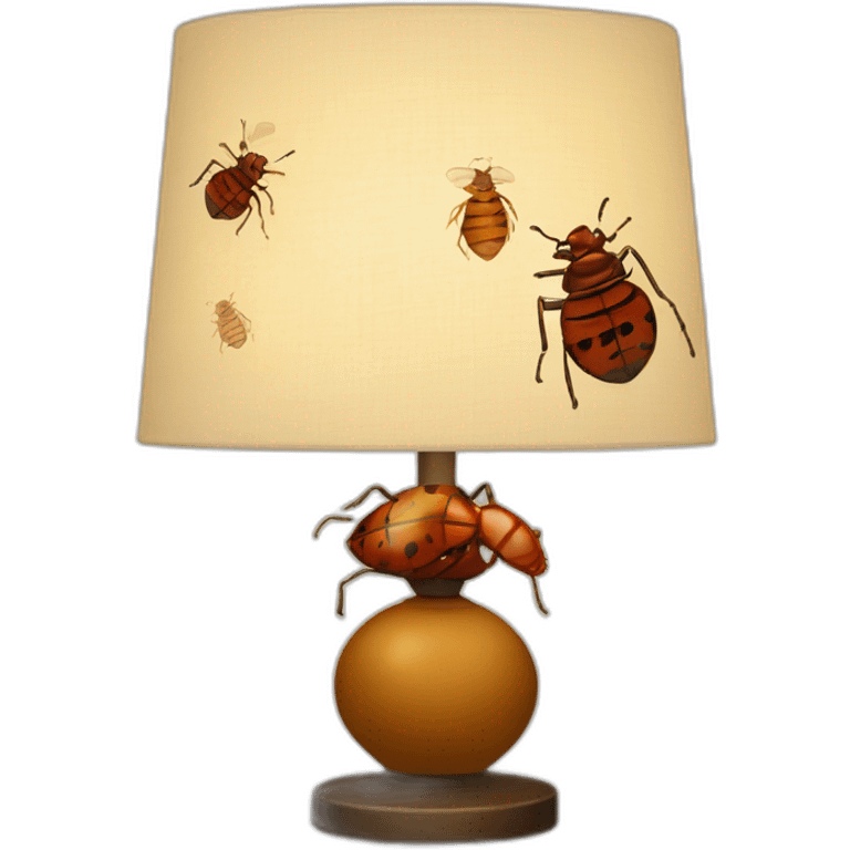 Design a bedside lamp with a lampshade adorned with bedbug decorations emoji