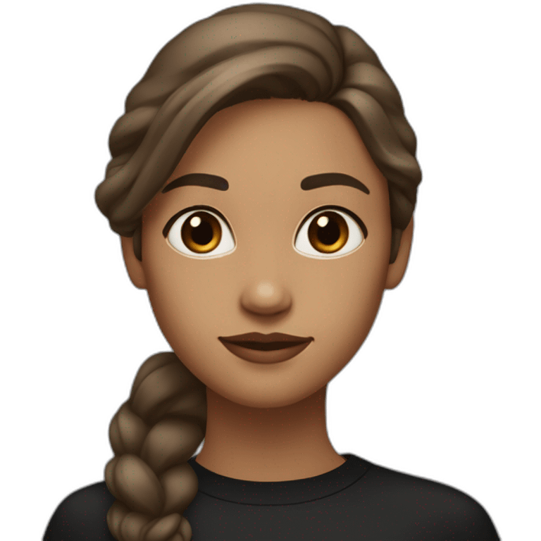 A girl with an elongated oval face, brown long shoulder-length hair, brown narrow eyes, nasolabial folds, in black clothes emoji