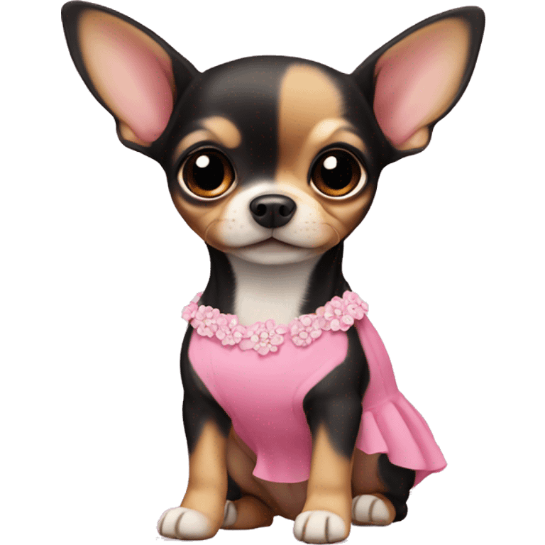 black & tan chihuahua puppy wearing a pink dress emoji