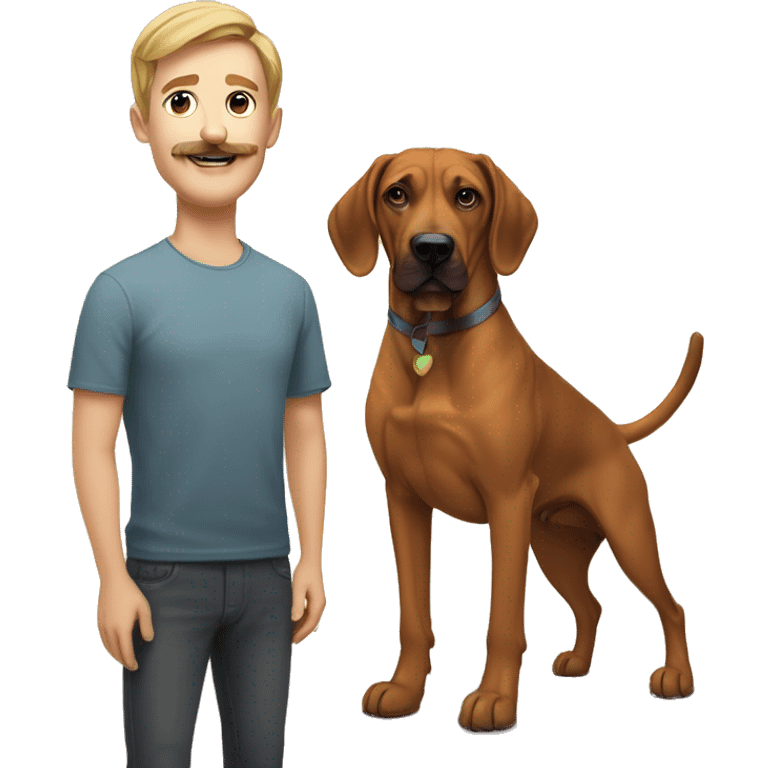 white male with long rainbow colored and a curled mustache hair standing alongside a brown rhodesian ridgeback dog emoji