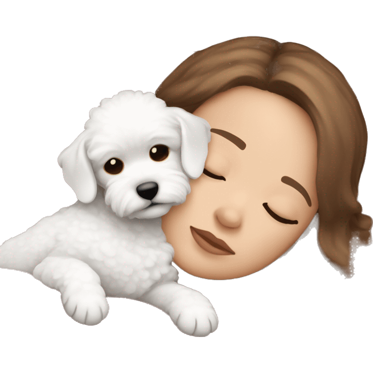 White girl brown hair sleeping with Mini Bichon emoji