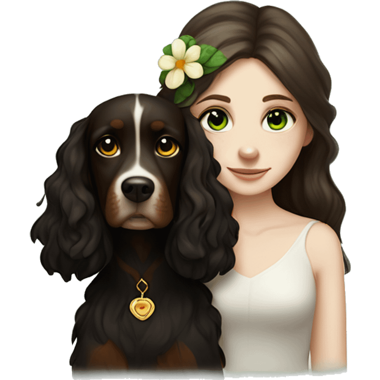 pale skin girl with green eyes with long dark brown hair that has a flower in her hair  snuggling a black and brown cavalier dog the dog also has a flower in its hair emoji