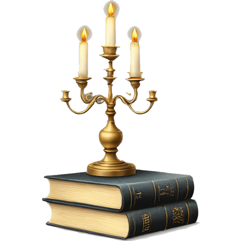 Vintage candelabra with stack of old books behind emoji