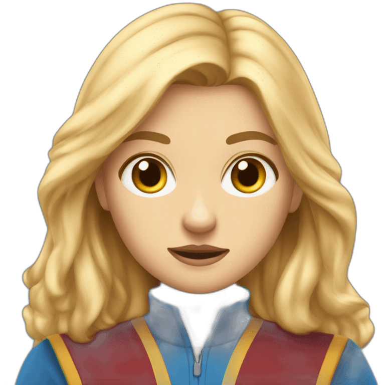 Emoji of a blonde girl with blue eyes, who is studying at Gryffindor House, expressing sporty angry emoji