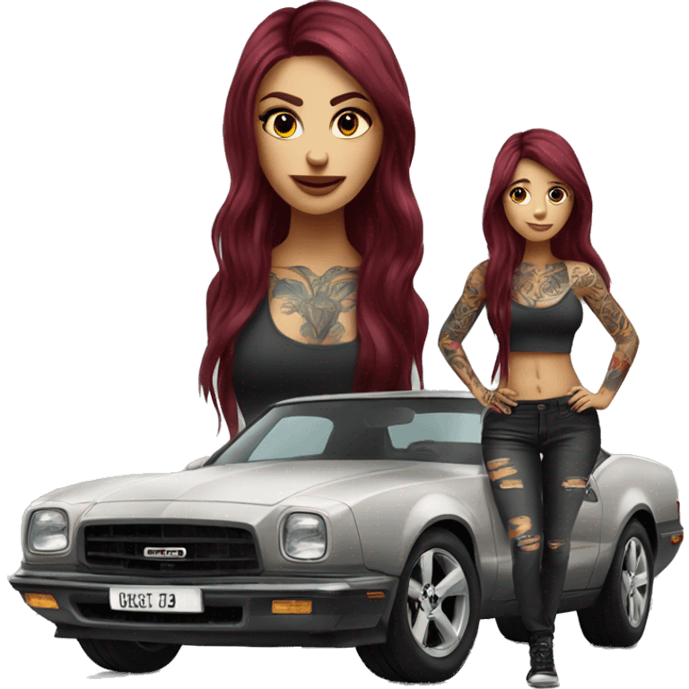 Beautiful tattooed burgundy long haired woman standing next to a car emoji