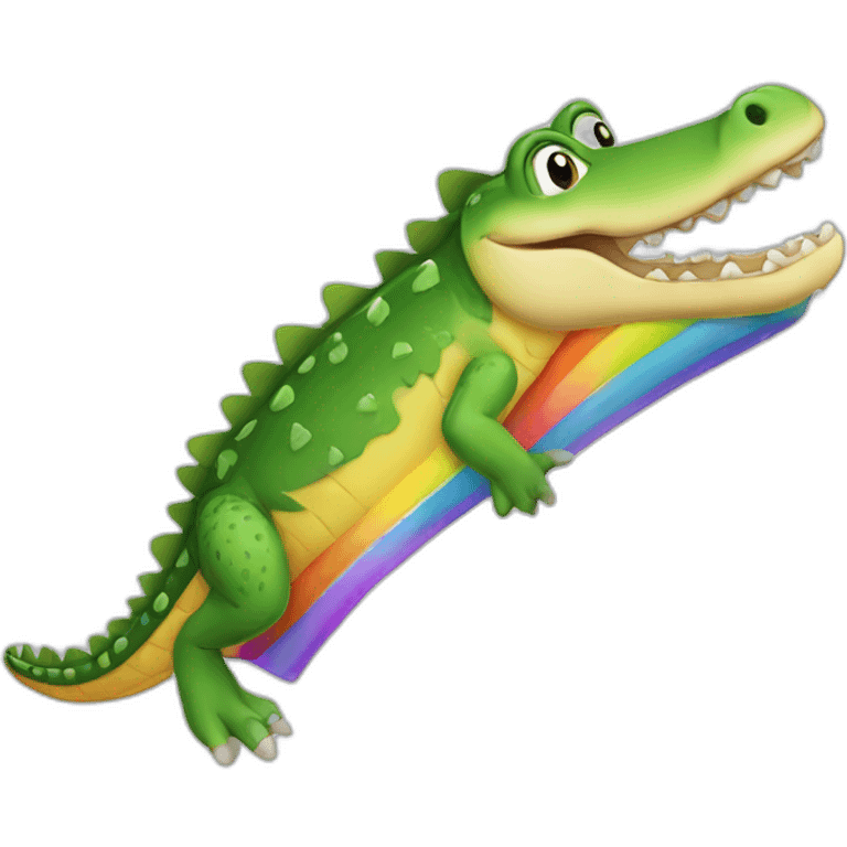 A crocodile running on a rainbow emoji