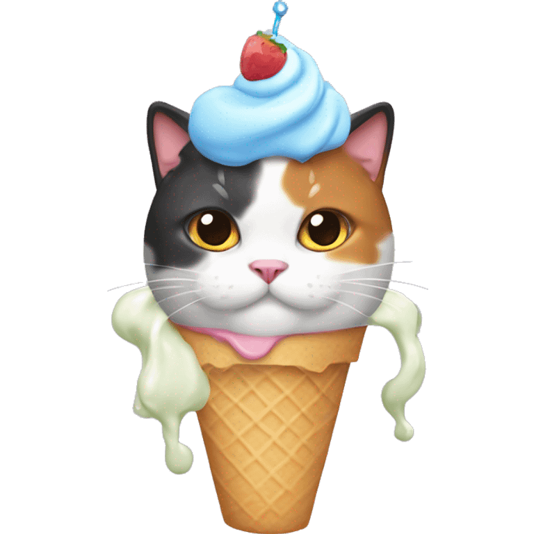 fat calico cat with icecream on their head  emoji