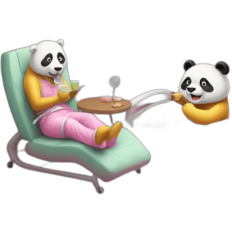 a yellow chinese panda eating icecream in a pink dirty bedroom with a person on a white chair and medical equipment emoji