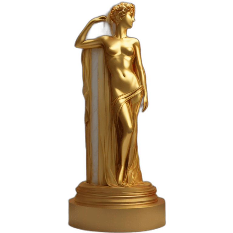 distant view of full length abstract renaissance color sculpture of a female figure with a red mask on her face standing on a shiny gold greek column from an antique setting, 4K resolution emoji