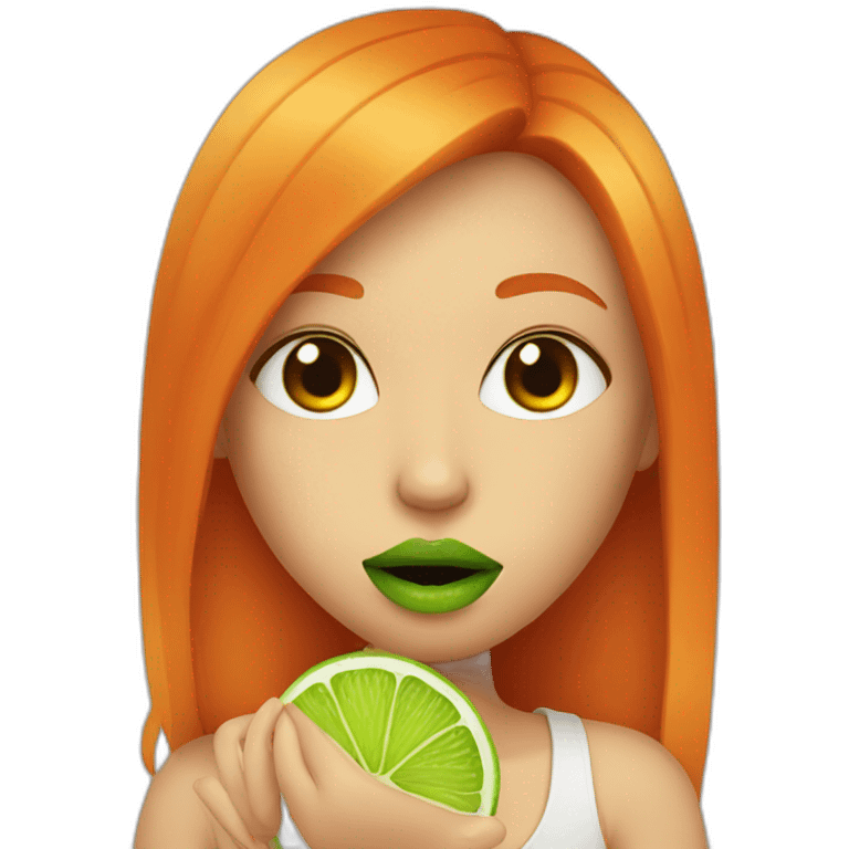 girl with orange hair and green lips eating a lime emoji