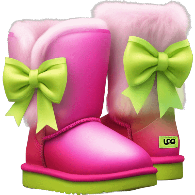 Realistic pair of hot pink to lime green ombre fur Ugg boots with silk ribbon bows. emoji