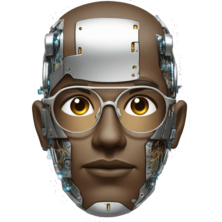 Male cyborg head with metallic plated face, brown flat top, glasses and circuits emoji