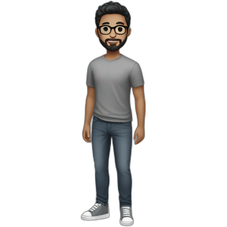 Full-body young man with short black hair and beard and black glasses wearing a gray shirt and dark jeans and sneakers emoji