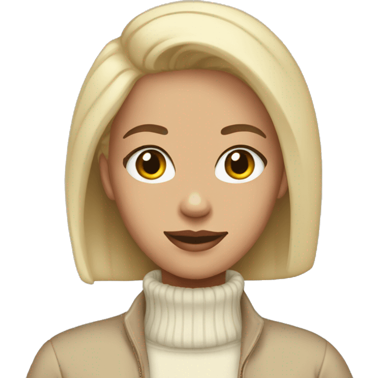 a bald girl wearing a white turtleneck sweater and a beige jacket out the sweater emoji