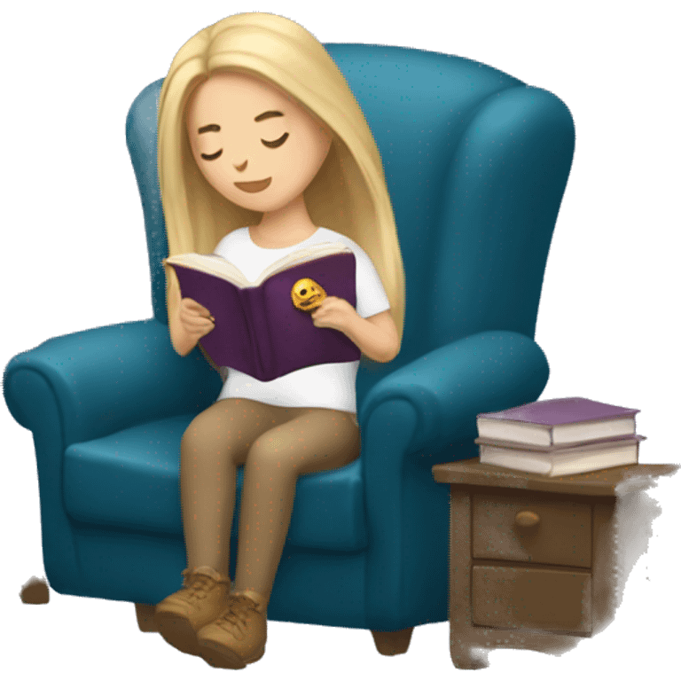 long hair white girl reading a book in cozy chair  emoji