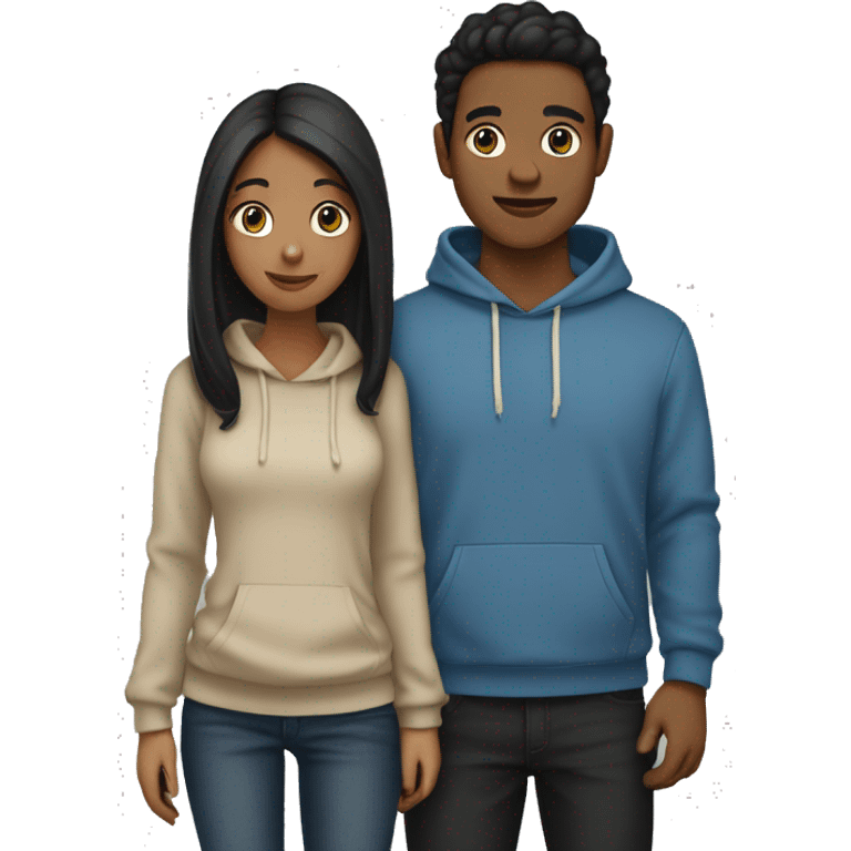 A guy with dark hair in a beige hoodie and black jeans holds hands with a girl with a highlighted hairstyle in a beige hoodie and blue jeans emoji