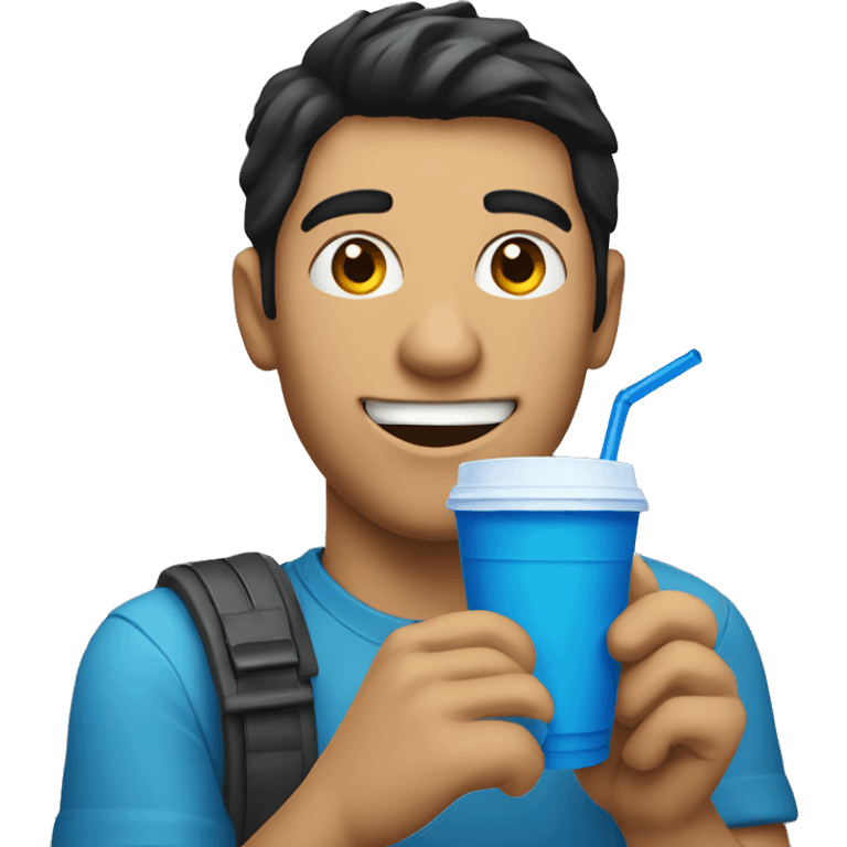 smiling man with black hair holding a blue plastic cup with a yellow straw emoji