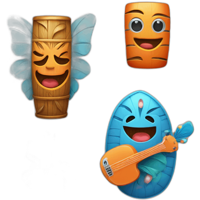  Cartoon Blue and orange tiki smiling with surboard and and Cartoon Blue and pink tiki singing with mikrophone and butterfly emoji