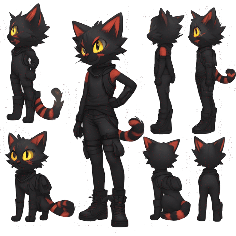 Edgy Shy Anthro boyish cool pretty dark black Litten-Pokémon-cat-fursona-animal techwear ponytail emoji