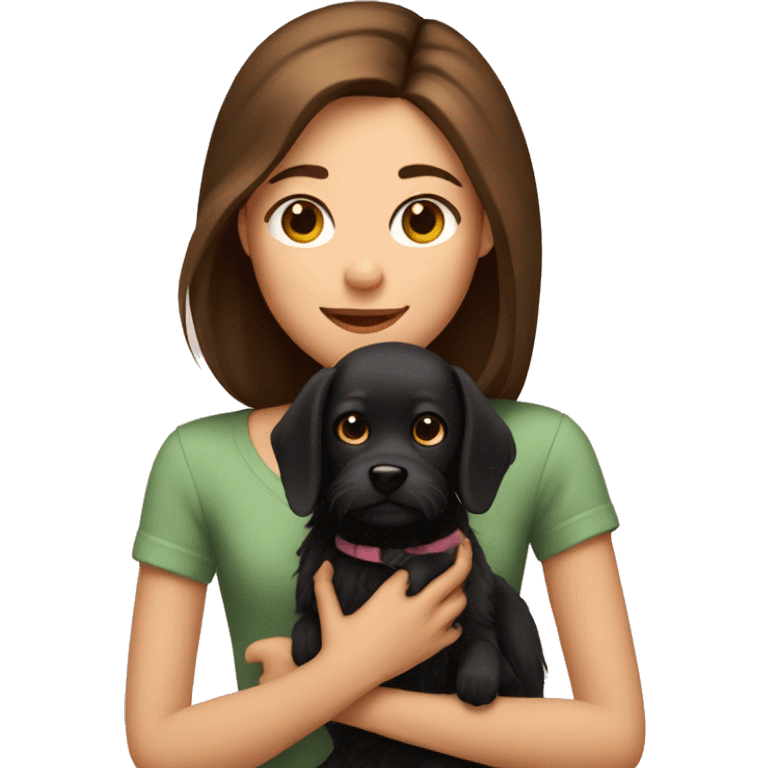 A girl with straight brown hair holding a small fluffy black dog emoji