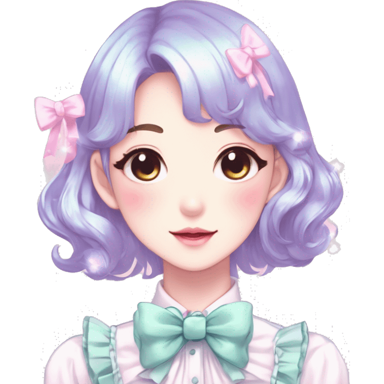 Gorgeous pastel anime style lady with blushing face with sparkly bow tie  cottagecore fairycore pastelcore shiny colorful pearly petite simplistic aesthetic trending style emoji