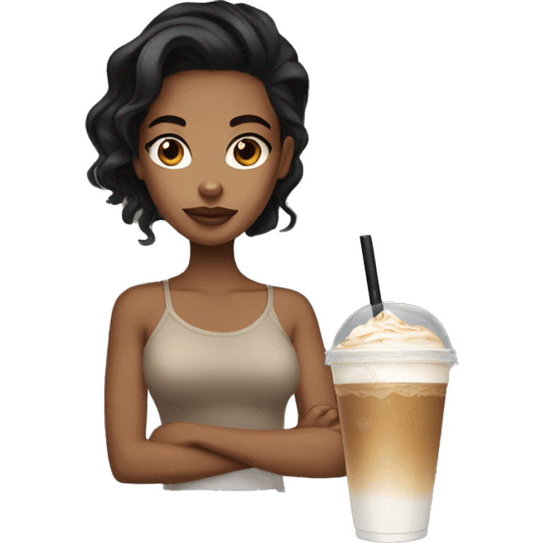 light brown skin girl with black hair with iced coffee emoji