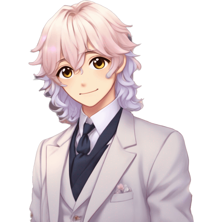 Gorgeous romantic hot attractive anime style modern gentlemanly anime shojo guy with long pretty lustrous hair and colorful eyes and blushing face aesthetic trending style  pastelcore cottagecore kawaiicore emoji